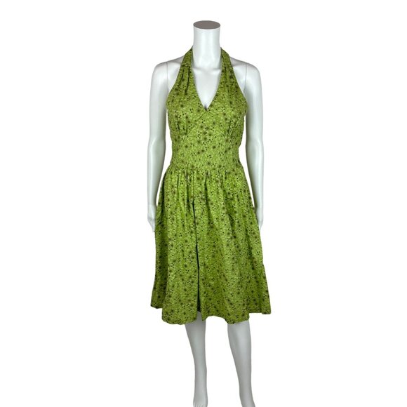Vintage 50s Style Dress Women's XXS Atomic Starbursts Print Lime Gold Halter Sun - Picture 2 of 13